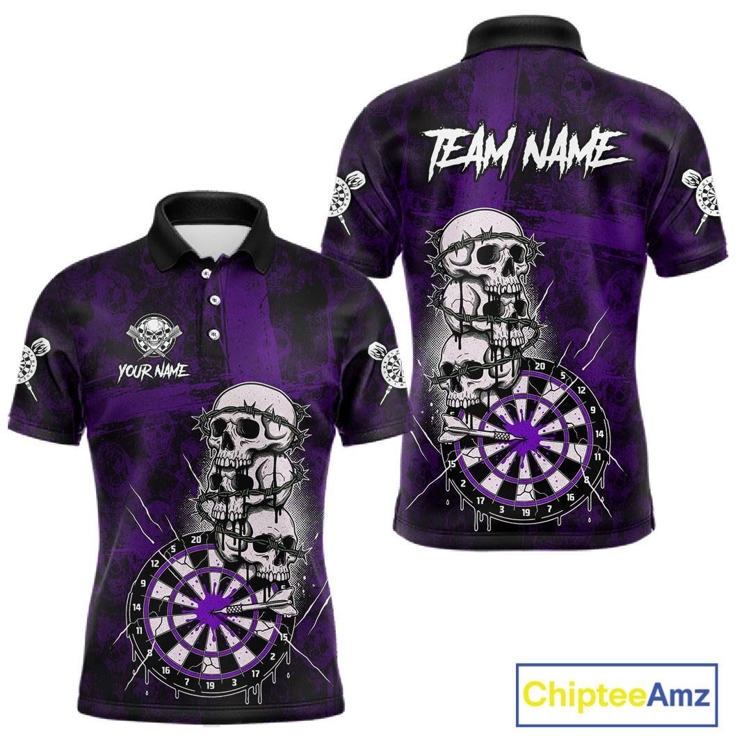 Custom Purple Grunge Barbed Wire Grey Skull Dartboard Men Darts Polo Shirt Dart Jerseys NYN1979