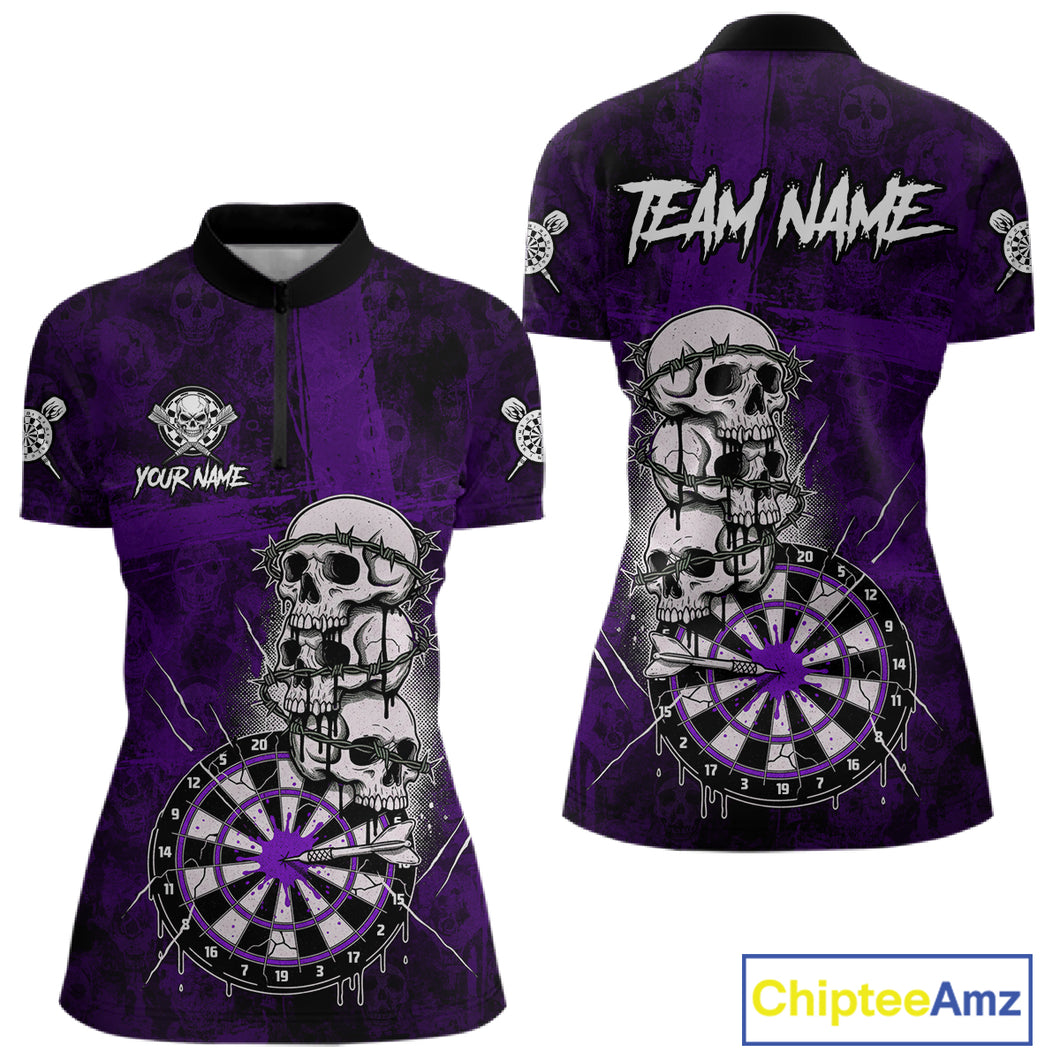 Custom Purple Grunge Barbed Wire Grey Skull Dartboard Men Darts Polo Shirt Dart Jerseys NYN1979