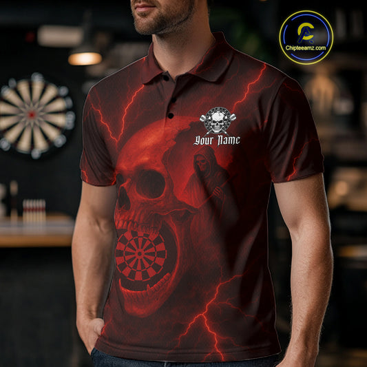 Custom Lightning Red Grim Reaper Dartboard Men Dart Polo Shirt Skull Dart Team Jersey NYN1444