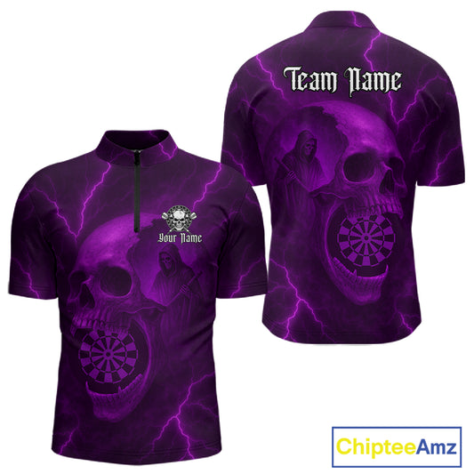 Custom Lightning Purple Grim Reaper Dartboard Men Dart 1/4-Zip Shirt Skull Dart Team Jersey NYN1445