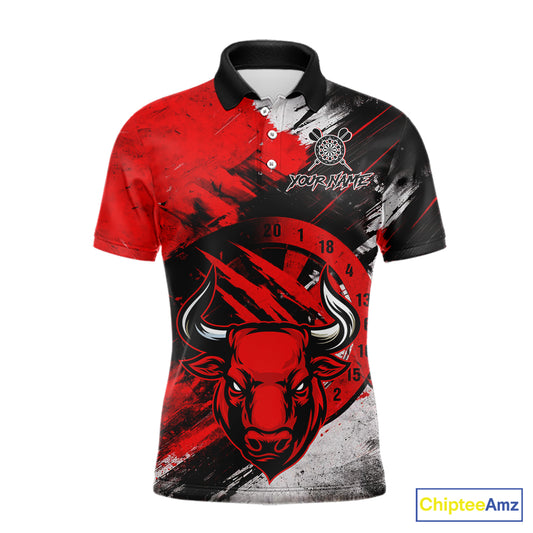 Custom Red Grunge Funny Bull Darts Polo & 1/4 Zip Shirt For Men Bull Darts Team Jerseys NYN2890
