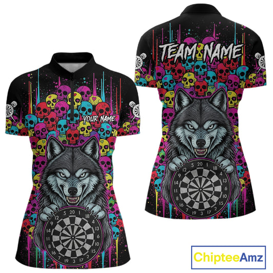 Multi-Color Skull Funny Wolf Dartboard Custom Darts Quarter-Zip Shirt For Women Dart Team Gifts NYN2000