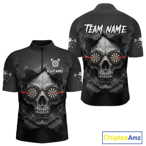 Black Smokes Skull Torn Grunge Dartboard Custom Men Quarter-Zip Darts Shirt Dart Jersey NYN2012