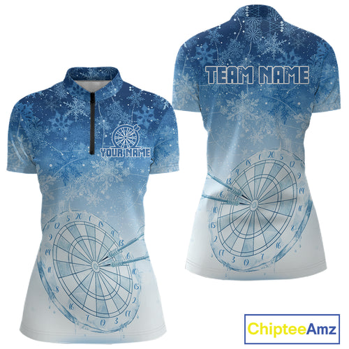 White & Blue Snowflakes Ice Dartboard Custom Quarter-Zip Dart Shirt For Women Xmas Dart Jerseys NYN2024