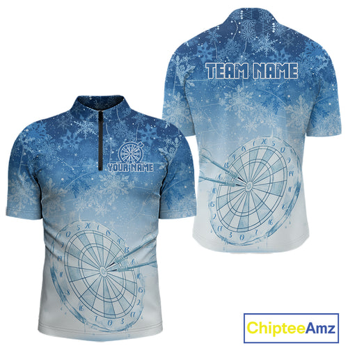 White & Blue Snowflakes Ice Dartboard Custom Quarter-Zip Dart Shirt For Men Xmas Dart Jerseys NYN2024