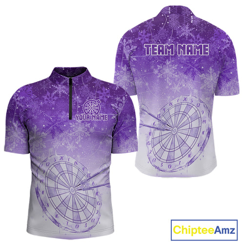 White & Purple Snowflakes Ice Dartboard Custom Quarter-Zip Dart Shirt For Men Xmas Dart Jerseys NYN2026