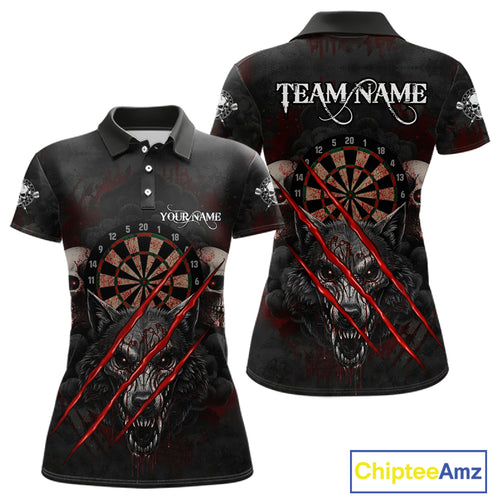 Red Blood Scratch Wolf Women Darts Polo Shirt Custom Name & Team Skull Dart League Shirt NYN2054