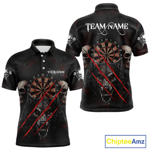 Red Blood Scratch Wolf Men Darts Polo Shirt Custom Name & Team Skull Dart League Shirt NYN2054