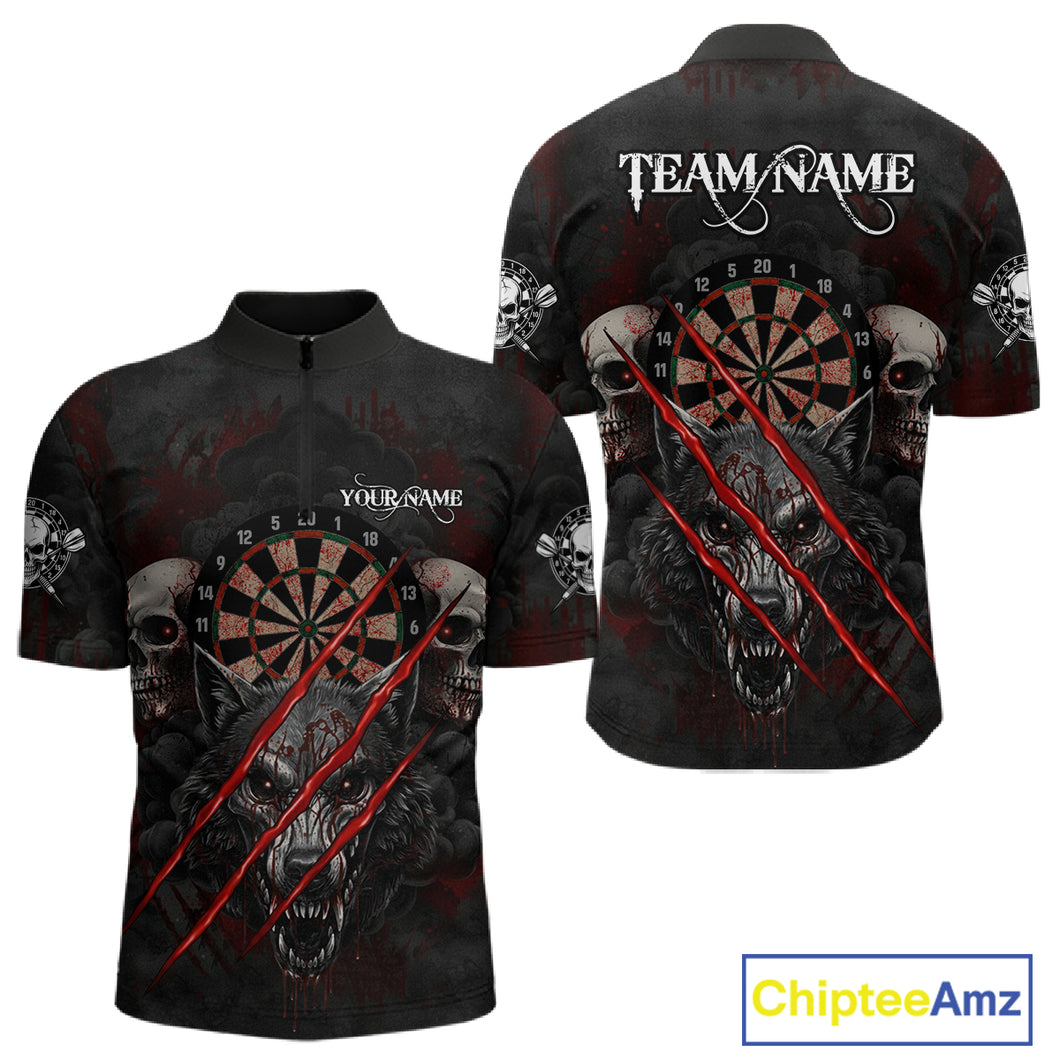 Red Blood Scratch Wolf Men Darts Quarter-Zip Shirt Custom Name & Team Skull Dart League Shirt NYN2054