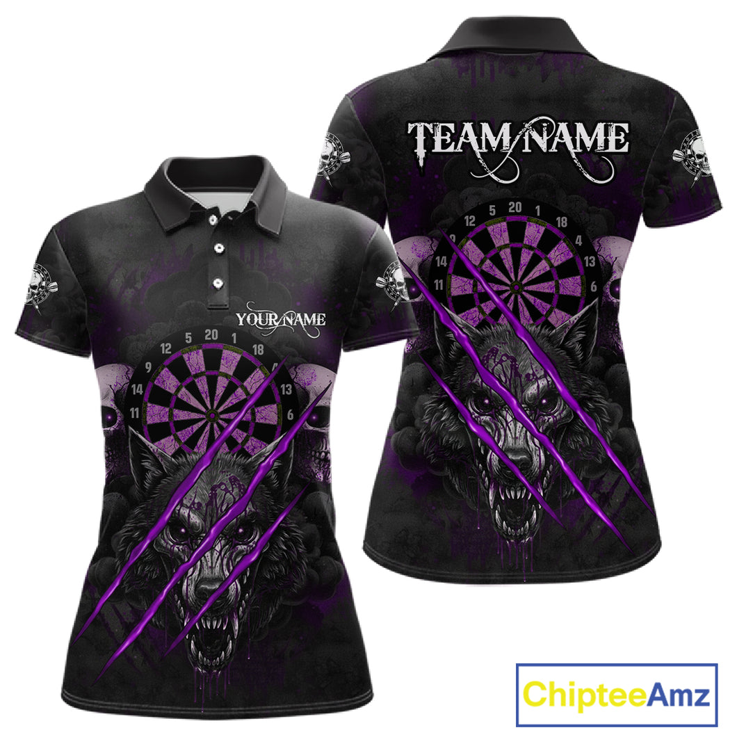 Purple Blood Scratch Wolf Women Darts Polo Shirt Custom Name & Team Skull Dart League Shirt NYN2055