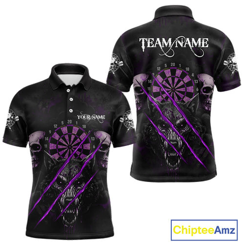 Purple Blood Scratch Wolf Men Darts Polo Shirt Custom Name & Team Skull Dart League Shirt NYN2055