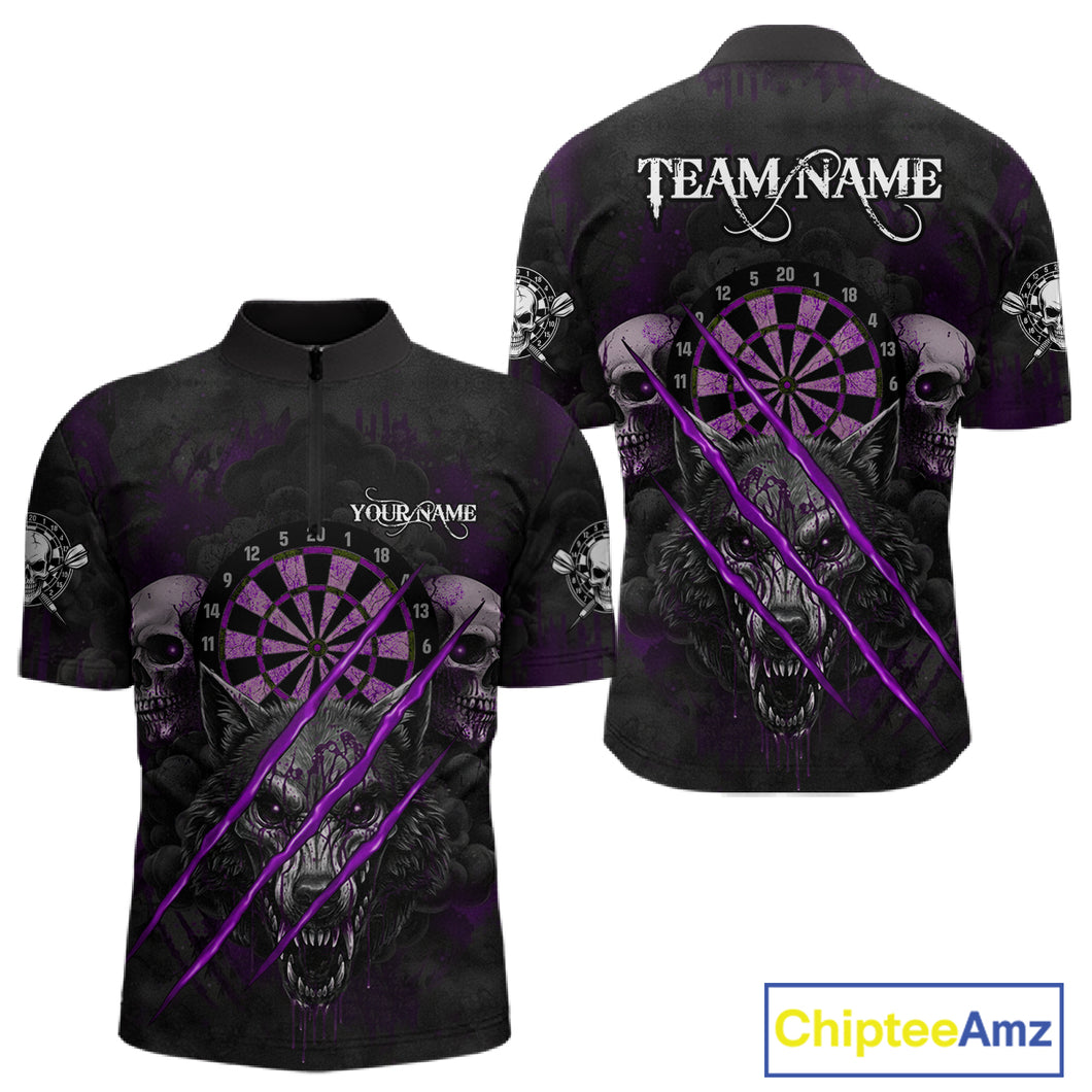 Purple Blood Scratch Wolf Men Darts Quarter-Zip Shirt Custom Name & Team Skull Dart League Shirt NYN2055
