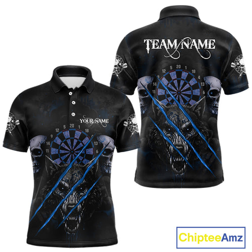 Blue Blood Scratch Wolf Men Darts Polo Shirt Custom Name & Team Skull Dart League Shirt NYN2056