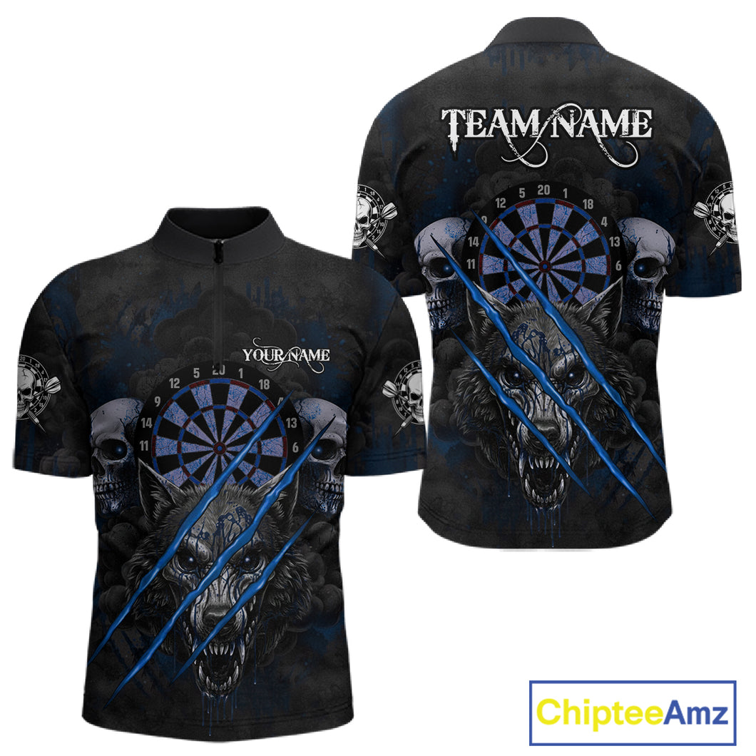 Blue Blood Scratch Wolf Men Darts Quarter-Zip Shirt Custom Name & Team Skull Dart League Shirt NYN2056