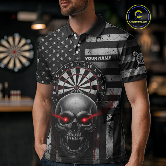 Grey American Flag Red Skull Custom Mens Polo Dart Shirt Grunge Patriotic Dart Jerseys NYN1768