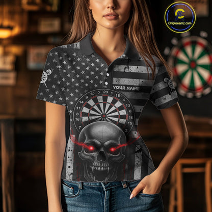Grey American Flag Red Skull Custom Women Polo Dart Shirt Grunge Patriotic Dart Jerseys NYN1768