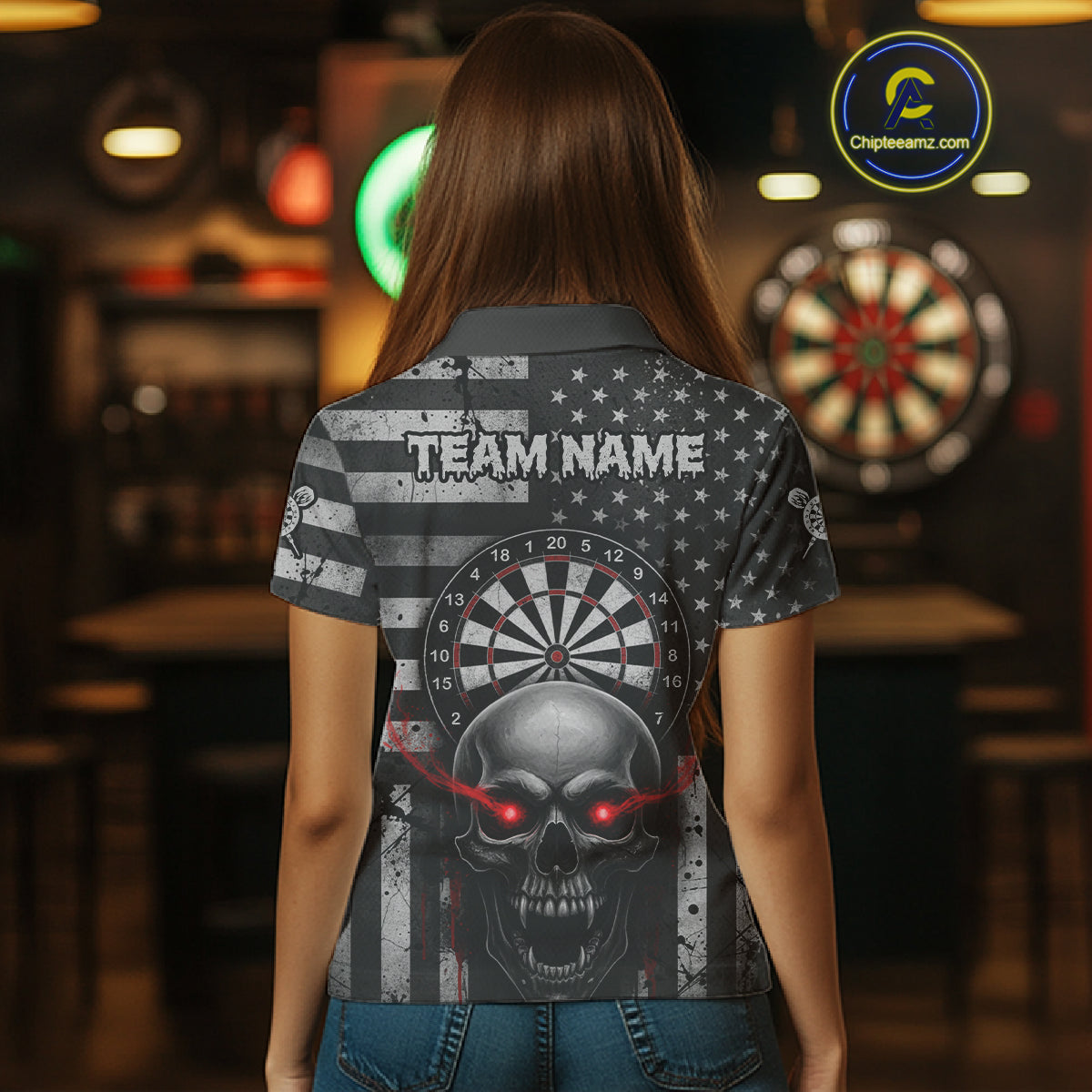 Grey American Flag Red Skull Custom Women Polo Dart Shirt Grunge Patriotic Dart Jerseys NYN1768