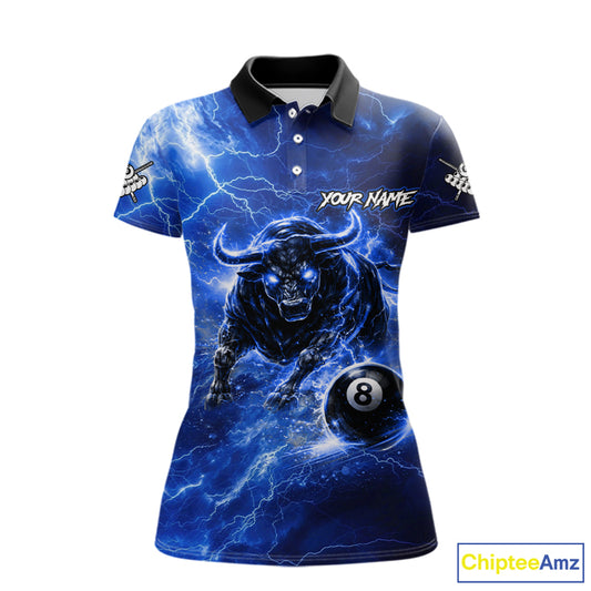 Thunder Lightning Blue Funny Bull 8 Ball Pool Women Billiard Shirt Custom Billiard Team Attire NYN2732