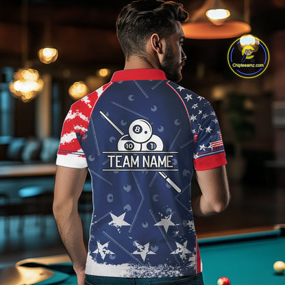 Blue Red Grunge US Flag 8 Ball Pool Men Billiard Ball Cue Shirt Custom Patriotic Billiard Team Attire NYN2734
