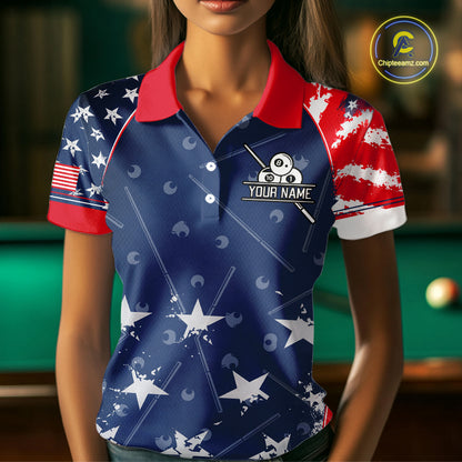 Blue Red Grunge US Flag 8 Ball Pool Women  Billiard Ball Cue Shirt Custom Patriotic Billiard Team Attire NYN2734