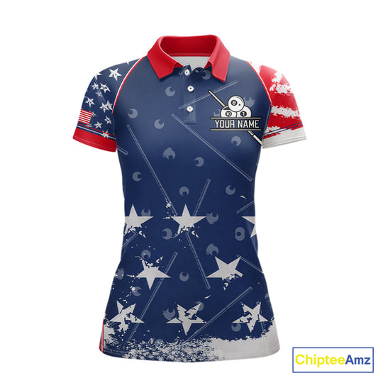 Blue Red Grunge US Flag 8 Ball Pool Women  Billiard Ball Cue Shirt Custom Patriotic Billiard Team Attire NYN2734