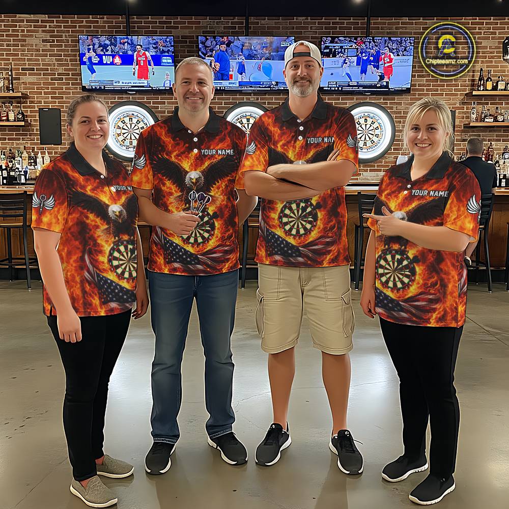 Personalized Eagle US Flag Fire Flame Dartboard Women Darts Polo Shirt Custom Darts Team Jersey|Red NYN2584