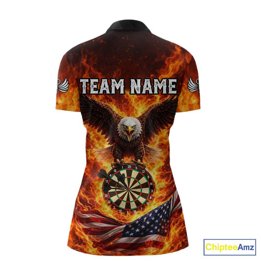 Personalized Eagle US Flag Fire Flame Dartboard Women Darts 1/4-Zip Shirt Custom Darts Team Jersey|Red NYN2584