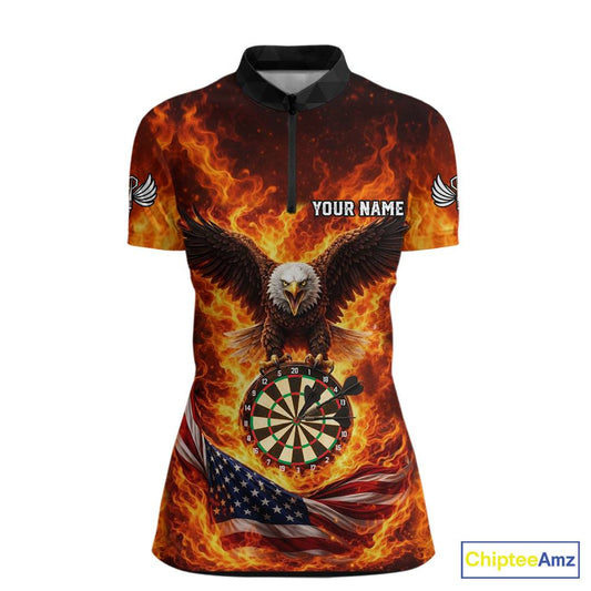 Personalized Eagle US Flag Fire Flame Dartboard Women Darts 1/4-Zip Shirt Custom Darts Team Jersey|Red NYN2584