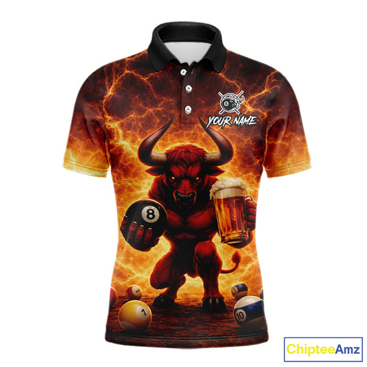 Yellow Lightning Funny Bull Pool 8 Ball Men Billiard Polo & 1/4-Zip Shirt Custom Billiard Attire NYN2606