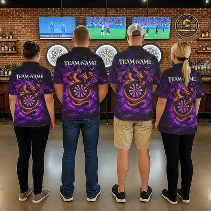 Gold Horror Dragon Hold Dartboard Men Darts Polo Shirt Custom Purple Grunge Darts Team Jersey NYN2609