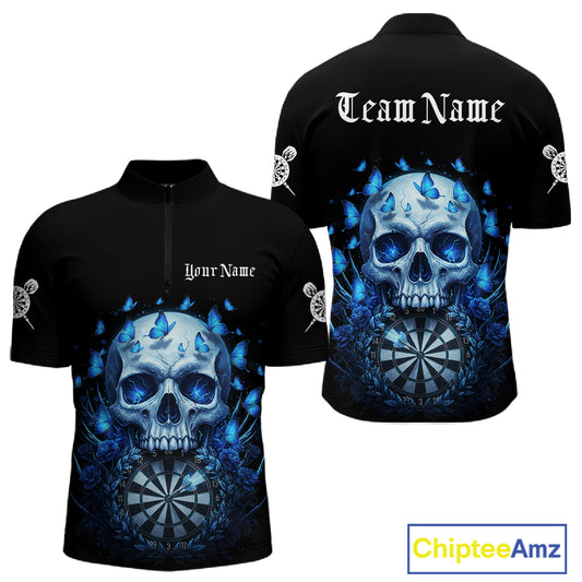 Custom Blue Butterflies Skull Head Flowers Dartboard Men Darts Quarter-Zip Shirt, Dart Jerseys NYN1839