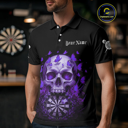 Custom Purple Butterflies Skull Head Flowers Dartboard Men Darts Polo Shirt, Dart Jerseys NYN1840