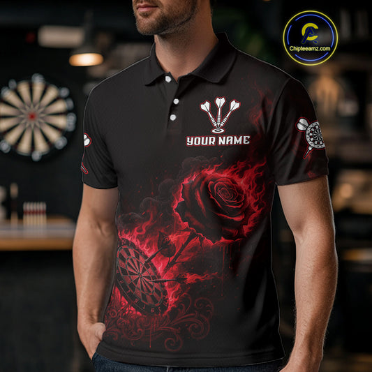 Custom Black And Red Flames Roses Dartboard Men Darts Polo Shirt, Dart Team Jerseys NYN1845