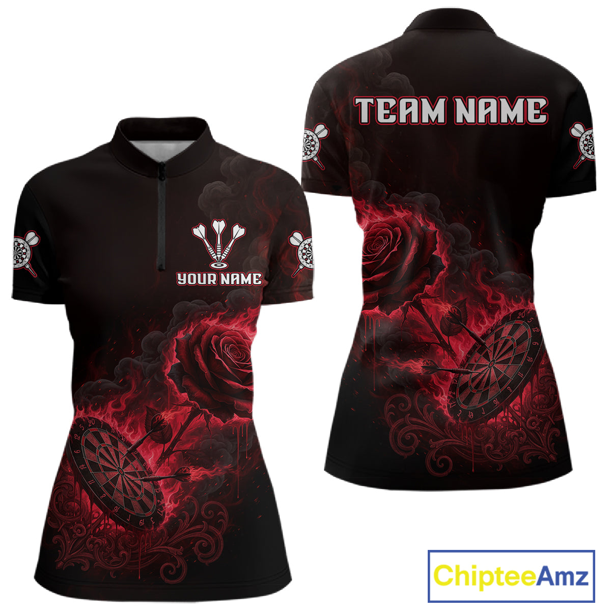 Custom Black And Red Flames Roses Dartboard Women Darts Quarter-Zip Shirt, Dart Team Jerseys NYN1845
