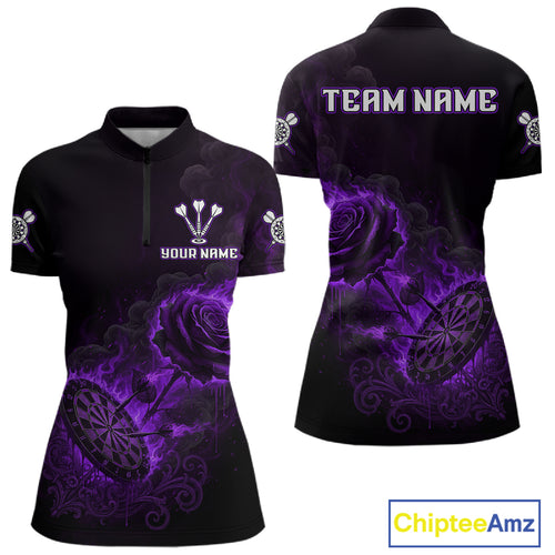 Custom Black And Purple Flames Roses Dartboard Women Darts Quarter-Zip Shirt, Dart Team Jerseys NYN1847