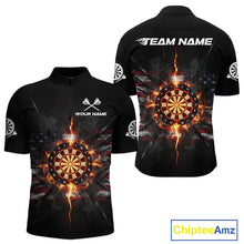 Load image into Gallery viewer, Smoke US Flag Fire Flame Dartboard Custom Men Darts Quarter-Zip Shirt Patriotic Dart Jerseys NYN1859