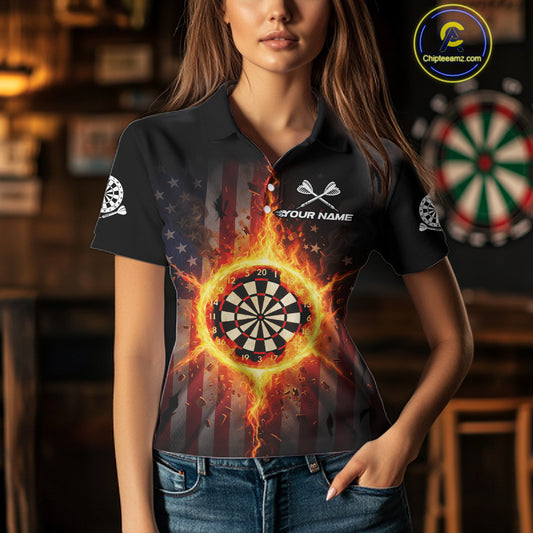 US Flag Fire Flame Cracked Dartboard Custom Women Darts Polo Shirt Patriotic Dart Jerseys NYN1860