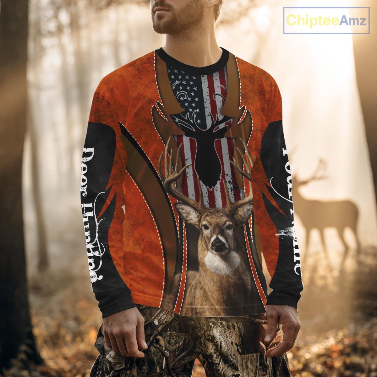 Personalized Orange US Flag Deer Hunting Shirts for Men - Custom Crew Hunting Outfit & Gifls NBT56