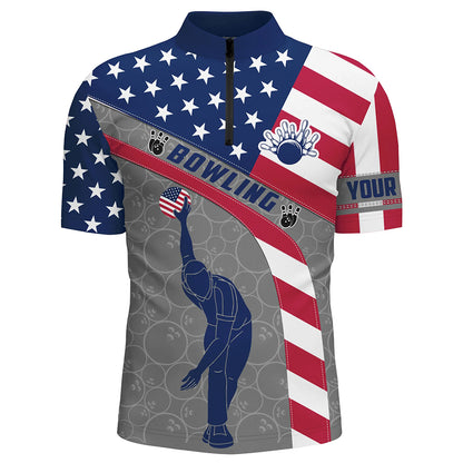 Camo US Flag Bowling Shirt Patritotic Bowling Team Jersey 1/4 Zip Bowling Shirt for Men QZT256