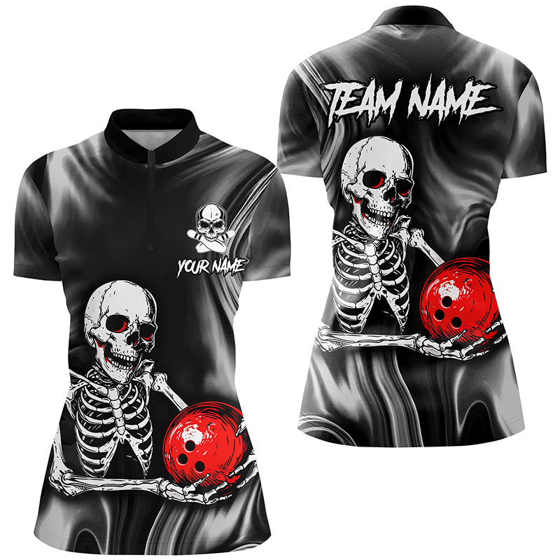 Personalized Bowling Shirt Women Skull Bowling Team Jersey Quarter-Zip Shirt for Bowler QZT418