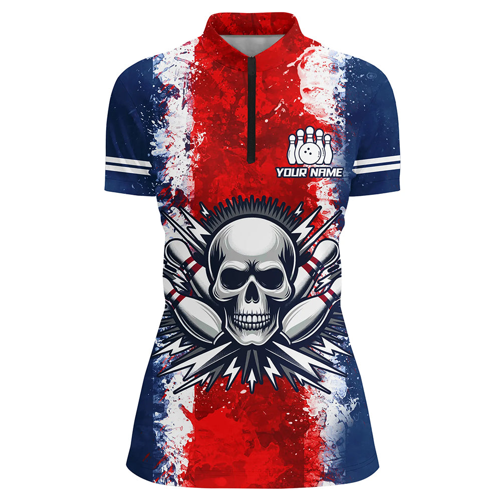 Personalized Bowling Shirt for Women Skull Bowling Jersey US Flag Bowling 1/4 Zip Shirt Unisex QZT269