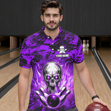 Load image into Gallery viewer, Personalized Purple Flame Skull Bowling Jersey Camo Quarter-Zip Bowling Team Shirt QZT670