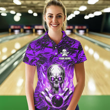 Load image into Gallery viewer, Personalized Purple Flame Skull Bowling Jersey Camo Quarter-Zip Bowling Team Shirt QZT670