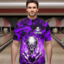 Load image into Gallery viewer, Personalized Purple Flame Skull Bowling Jersey Camo Quarter-Zip Bowling Team Shirt QZT670