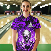 Load image into Gallery viewer, Personalized Purple Flame Skull Bowling Jersey Camo Quarter-Zip Bowling Team Shirt QZT670