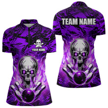 Load image into Gallery viewer, Personalized Purple Flame Skull Bowling Jersey Camo Quarter-Zip Bowling Team Shirt QZT670