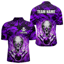 Load image into Gallery viewer, Personalized Purple Flame Skull Bowling Jersey Camo Quarter-Zip Bowling Team Shirt QZT670