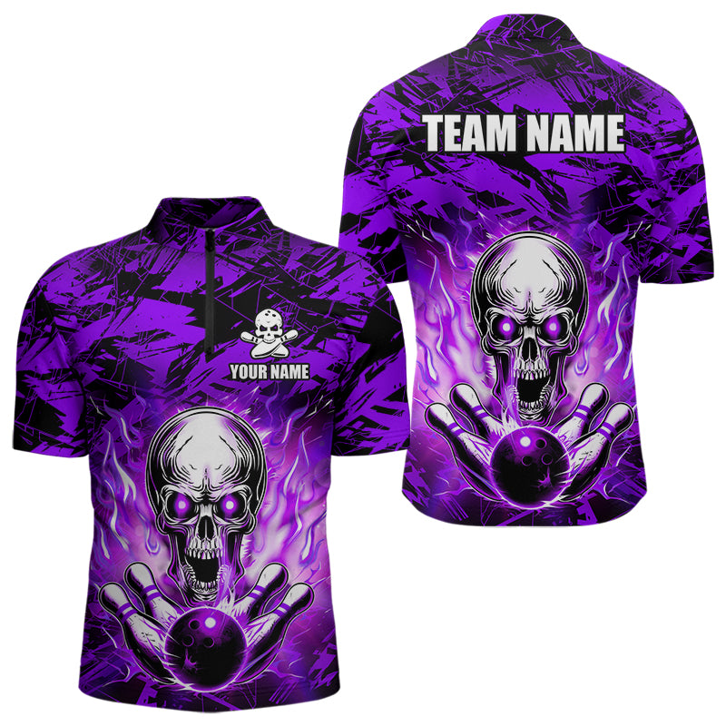 Personalized Purple Flame Skull Bowling Jersey Camo Quarter-Zip Bowling Team Shirt QZT670