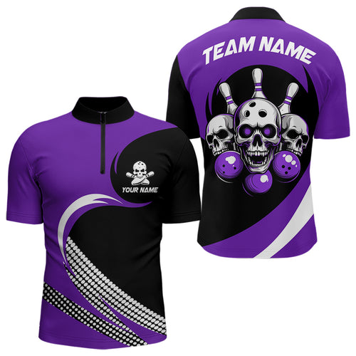 Custom Purple Skull Bowling Shirt Quarter-Zip Bowling Jersey for Men Women Bowling Outfit QZT671