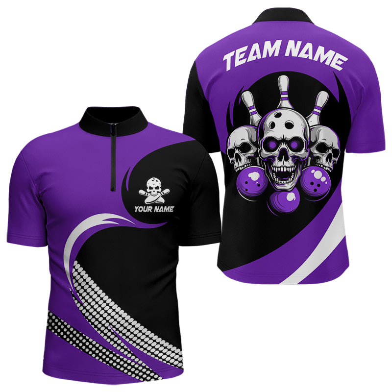 Custom Purple Skull Bowling Shirt Quarter-Zip Bowling Jersey for Men Women Bowling Outfit QZT671